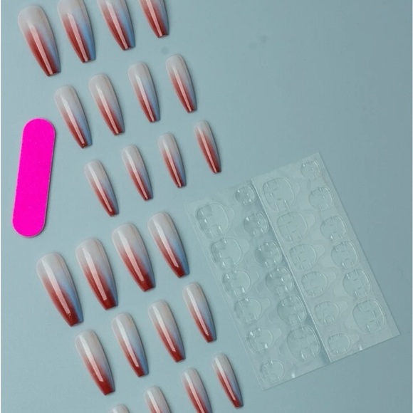 NIB Red & Blue 24pcs Long Coffin Fake Nail & 1 pc Nail File & 1 sheet Tape - Picture 4 of 7